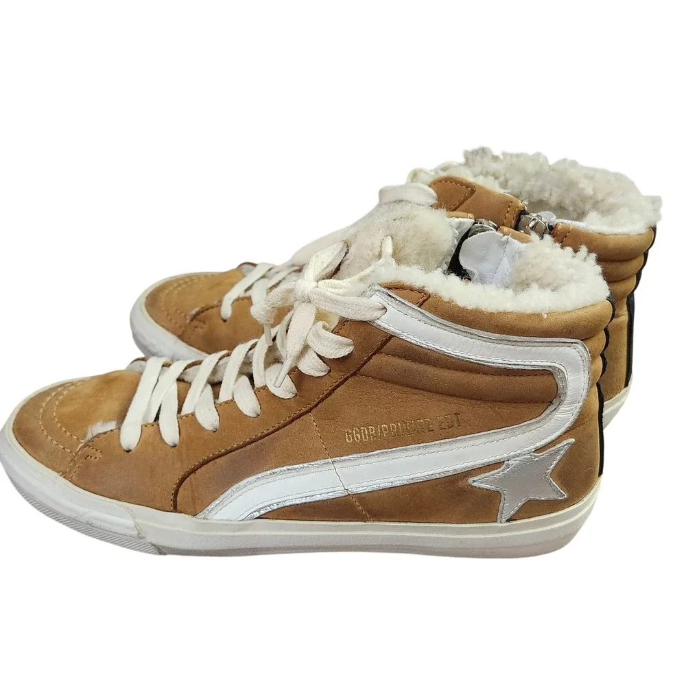 Golden Goose Slide Tan Suede Shearling Lined High Top Sneakers Silver Star 37
